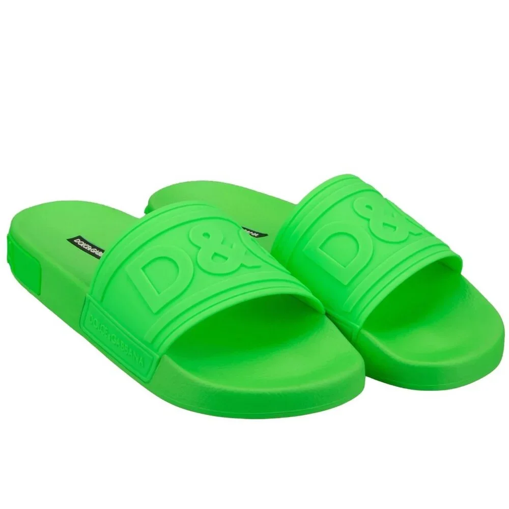 Mens Dolce & Gabbana Slides Sandals D&G Logo Neon Green 43 UK 9 US 10 NIB
